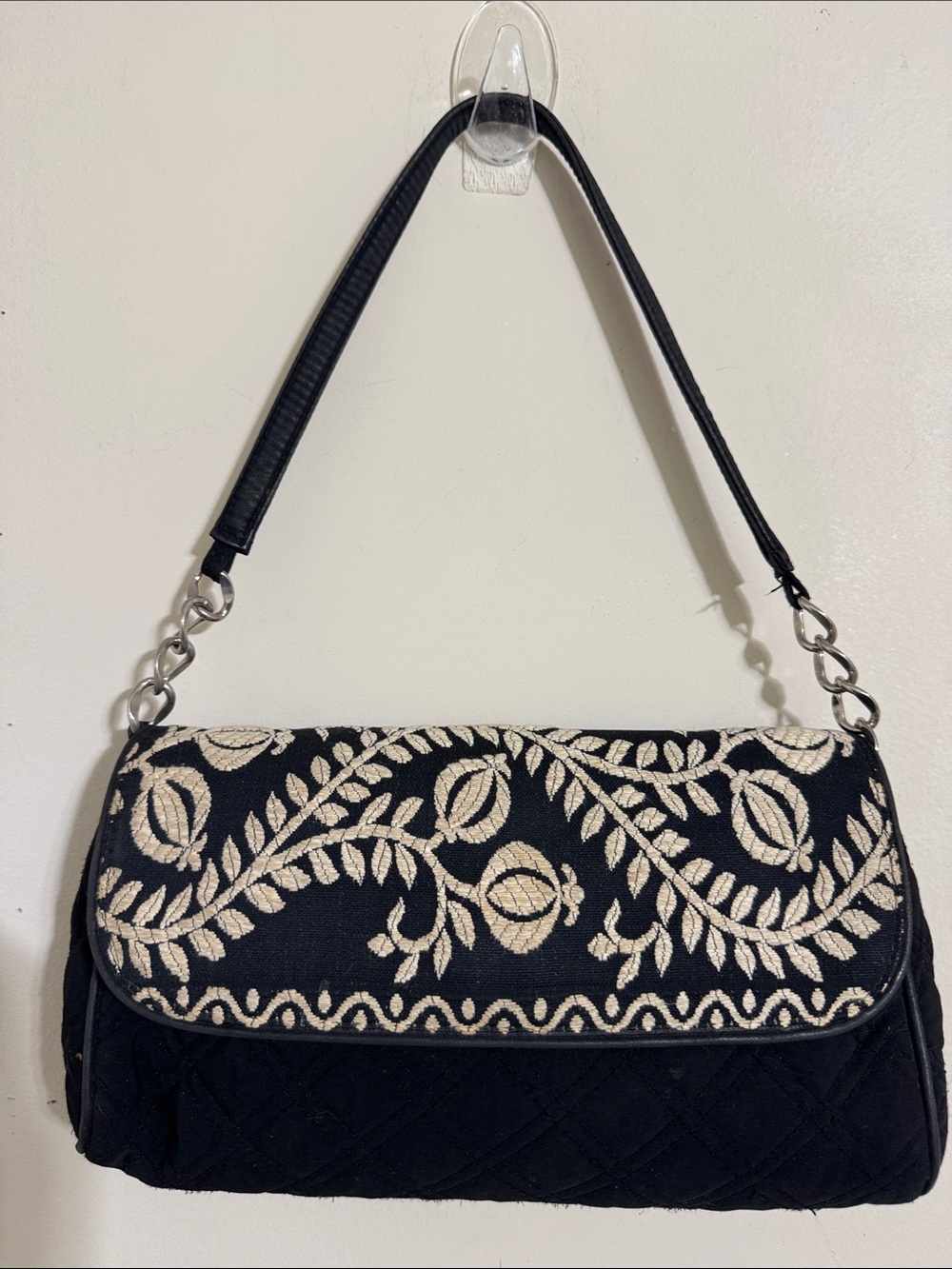Vera Bradley Embroidered Quilted Fabric Shoulder Bag Black Cottagecore Boho Chic